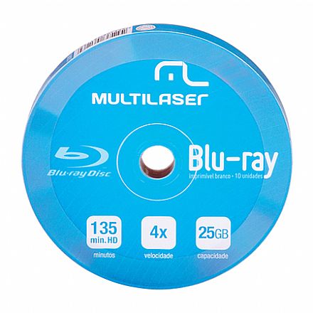Blu-Ray BD-R 25GB 4x - Dual Layer - Printable - Tubo com 10 unidades - Multilaser DV057