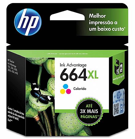 Cartucho HP 664XL Colorido - F6V30AB - para Deskjet Ink Advantage 1115/2136/4536/3636/3836/3635/3776/3788/3790/2676/4676