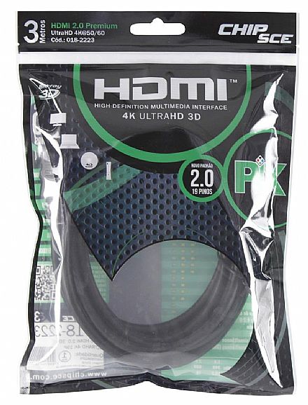 Cabo HDMI 2.0 Premium - 3 metros - 4K UltraHD HDR 60Hz / 1080p Full HD 120Hz - Chip SCE 018-2223
