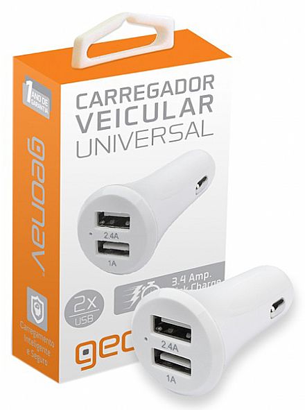 Carregador Veicular para celular - 2 saídas USB - com 2 portas USB - 2.4A + 1A - Branco - Geonav CH34C