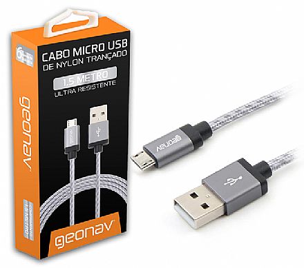 Cabo Micro USB para USB - 1,5 Metros - Cinza - Revestido em Nylon - para Celulares, Tablets, Câmeras - Geonav MIC15T