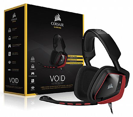 Headset Gamer Corsair Void Surround Preto e Vermelho - CA-9011144-EU - Conector P2 - Adaptador USB - Dolby 7.1 - com Cancelamento de Ruidos