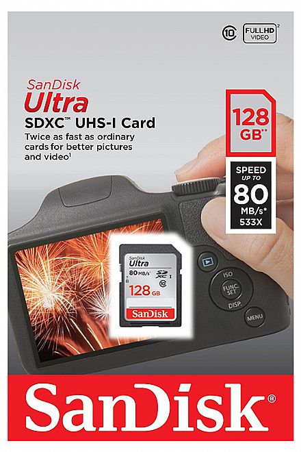 Cartão 128GB SD - Classe 10 - Velocidade até 80MB/s - Sandisk Ultra SDSDUNC-128G