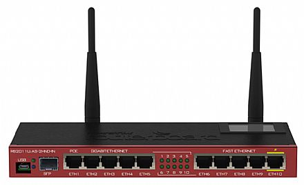 Roteador Wi-Fi Mikrotik RB2011UIAS-2HND-IN - Alta Potência 1000mW - 5 portas LAN + 5 portas Gigabit + 1 porta SFP - 2.4GHz - 2 antenas 4dBi