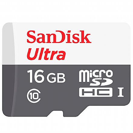 Cartão 16GB Micro SD com adaptador SD - Classe 10 - Velocidade até 80MB/s - Sandisk Ultra SDSQUNS-016G-GN3MA