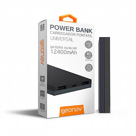 Power Bank Carregador Portátil Geonav PB12400GB - Bateria Externa 12400mAh - USB para Smartphones, Tablets