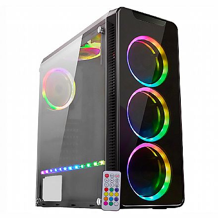 Gabinete Gamer K-Mex Infinity 4 - Painel Frontal de Vidro Temperado - com Coolers e Fita LED RGB Rainbow - Controle Remoto - CG-04G8