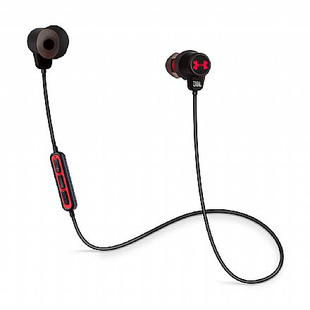 Fone de Ouvido Esportivo Bluetooth Intra-Auricular JBL Under Armour Wireless - com Microfone - Resistente a Suor - Preto e Vermelho - UAJBLIEBTBLK