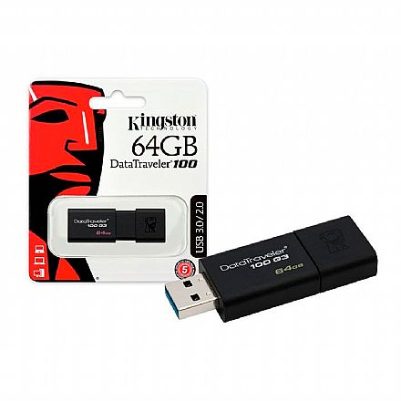 Pen Drive 64GB Kingston DataTraveler 100 G3 - USB 3.0 - Preto - DT100G3/64GB [i]
