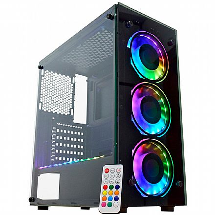 Gabinete Gamer K-Mex Atlantis IV - Painel Frontal e Lateral em Vidro Temperado - com Coolers e Fita LED RGB Rainbow - Controle Remoto - CG-04N9