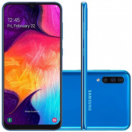 Smartphone Samsung Galaxy A50 - Tela 6.4" Super AMOLED, 128GB, Dual Chip, Câmera Tripla 25MP, Leitor de Digital na tela - Azul - SM-A505GT