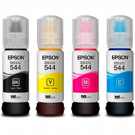 Pack de Refil de Tinta Epson T544 - Preto, Vermelho, Amarelo, Azul - Para Multifuncionais Tanque de Tinta Epson L1110 / L3110 / L3150