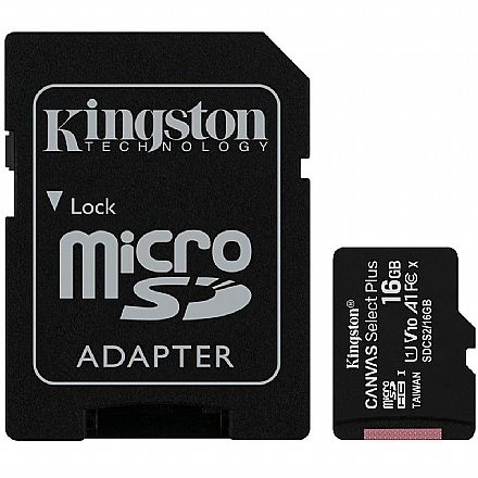 Cartão 16GB MicroSD com Adaptador SD - Classe 10 - Velocidade até 100MB/s - Kingston SDCS2-16GB