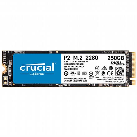 SSD M.2 250GB Crucial P2 - NVMe - Leitura 2100MB/s - Gravação 1150MB/s - CT250P2SSD8