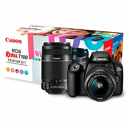 Canon EOS Rebel T100 Premium Kit com Lente 18-55 e Lente EF-S 55-250 - 18 Mega Pixels - Sensor CMOS - DIGIC 4+ - Wi-Fi - 2628C005AA