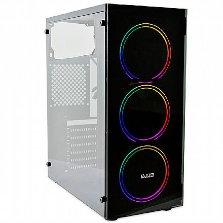 Gabinete Gamer Evus EV-G14 - Frontal em Vidro Temperado e Lateral em Acrílico - 3 Coolers RGB Inclusos