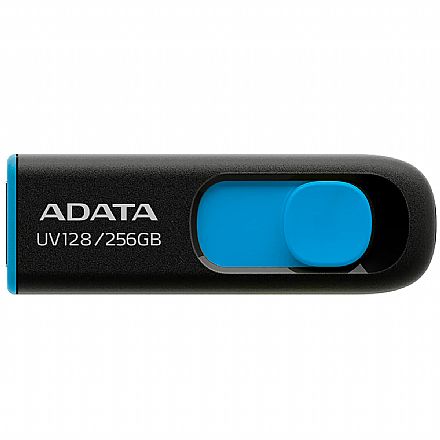 Pen Drive 256GB Adata UV128 - USB 3.2 - Preto e Azul - AUV128-256G-RBE