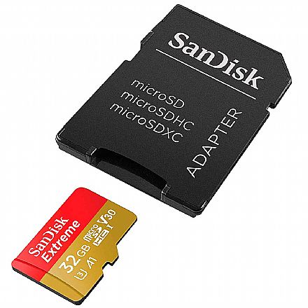 Cartão 32GB Micro SD com Adaptador SD - Classe 10 - Velocidade até 100MB/s - Sandisk Extreme SDSQXAF-032G-GN6AA