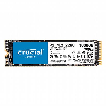 SSD M.2 1TB Crucial P2 - NVMe - Leitura 2400MB/s - Gravação 1800MB/s - CT1000P2SSD8