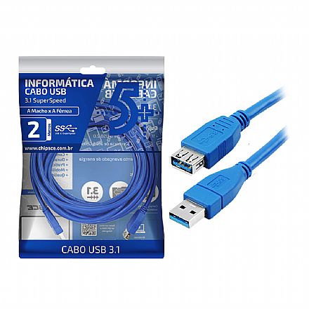 Cabo Extensor USB 3.1 SuperSpeed - 2 metros - Chip Sce 018-7702