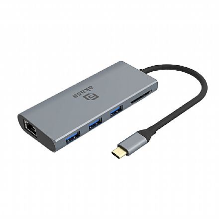 Adaptador Conversor USB-C para HDMI 4K - VGA - 3 Portas USB - Leitor de Cartão - USB-C - RJ45 - Akasa AK-CBCA21-18BK