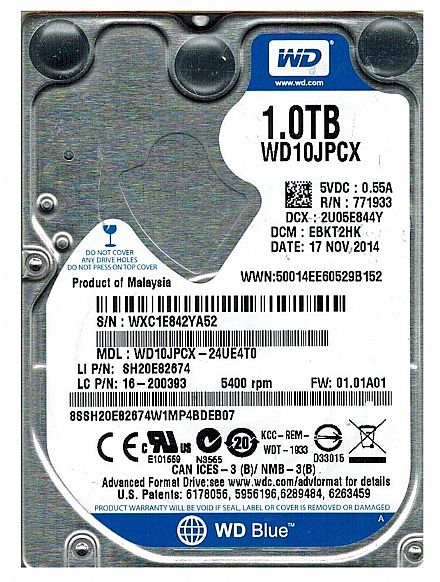 HD 1TB para Notebook Western Digital - 8MB Cache - WD10JPCX