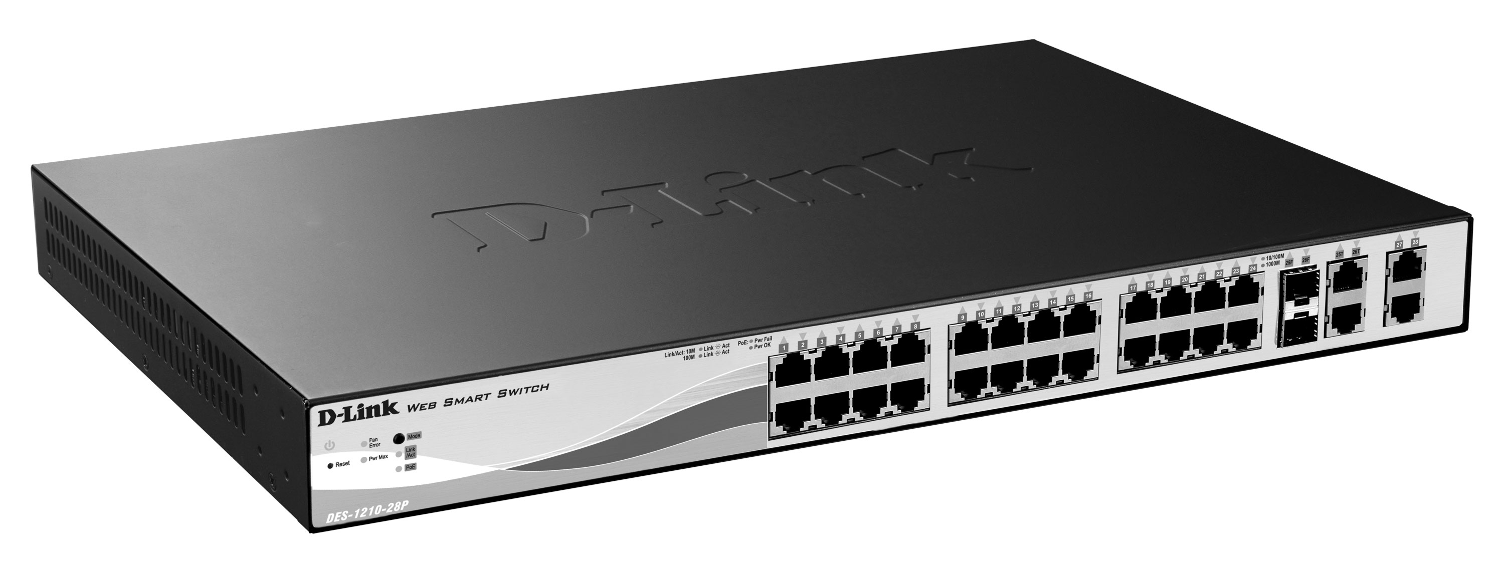 Switch 24 portas D-Link DES-1210-28P - 24 portas 100Mbps PoE + 2 portas Gigabit + 2 portas Combo Mini-GBIC