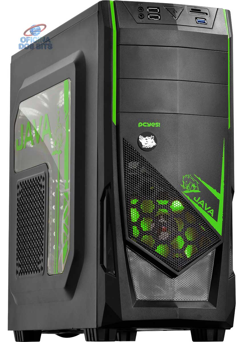 Gabinete PCYes Java Verde - Janela Lateral em Acrílico - Detalhes em Verde - USB 3.0 - JAVAPTOVD2FCA