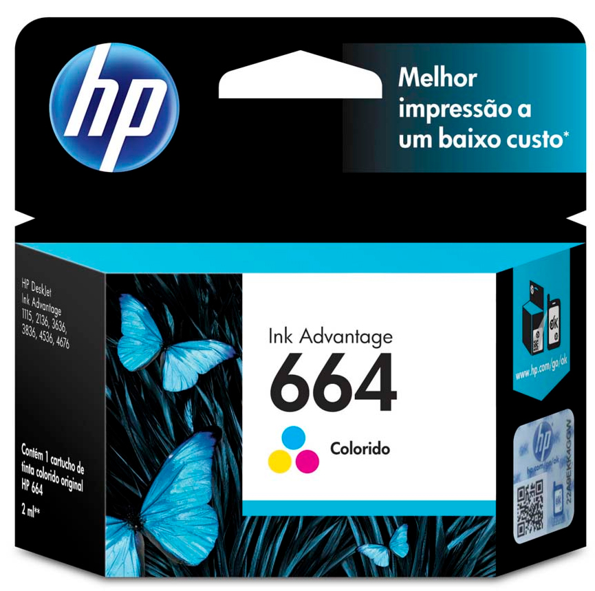 Cartucho HP 664 Colorido - F6V28AB - para Deskjet Ink Advantage 1115/2136/4536/3636/3836/3635/3776/3788/3790/2676/4676