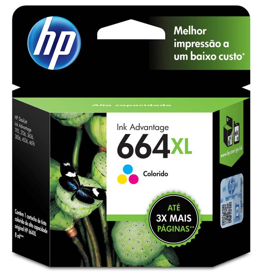 Cartucho HP 664XL Colorido - F6V30AB - para Deskjet Ink Advantage 1115/2136/4536/3636/3836/3635/3776/3788/3790/2676/4676 - Open box