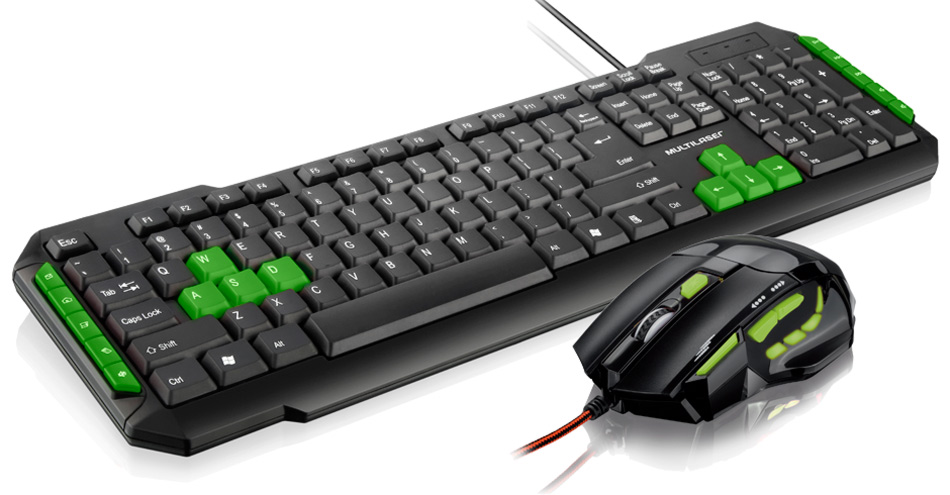 Kit Teclado e Mouse Gamer Multilaser - Verde - Teclas Multimídia - 2400dpi - Botão Atirador - TC201 / MO208