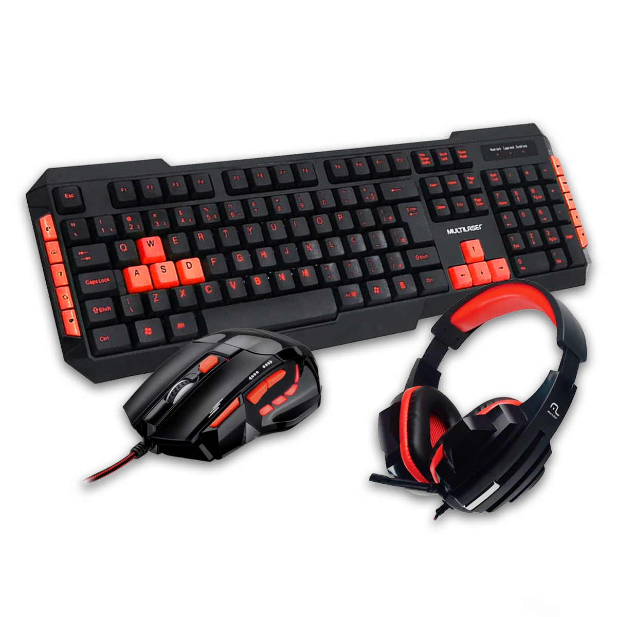 Kit Teclado e Mouse Gamer Multilaser com Headset - Vermelho - Teclas Multimídia - 2400dpi - Botão Atirador - TC160 / MO236 / PH120