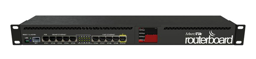 Roteador Mikrotik RB2011UIAS-RM - RouterOS - 5 portas Gigabit + 5 portas 100Mbps + 1 porta SFP - 1 porta PoE - Tela de LED - para Rack