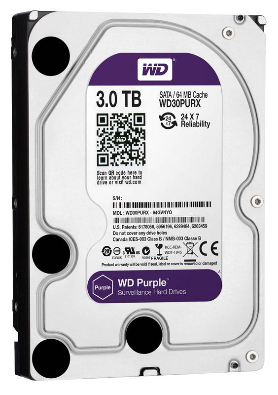 HD 3TB SATA - 7200RPM - 64MB Cache - Western Digital Purple Surveillance - WD30PURX - Ideal para CFTV