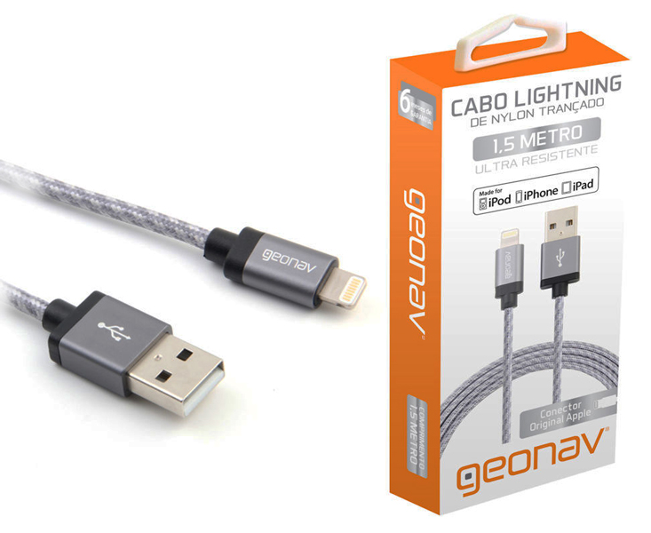 Cabo Lightning para USB - Para iPhone, iPad e iPod - 1,5 Metros - Revestido de Nylon Trançado - Geonav LIGH10T