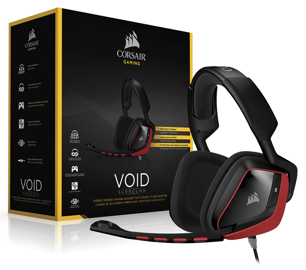 Headset Gamer Corsair Void Surround Preto e Vermelho - CA-9011144-EU - Conector P2 - Adaptador USB - Dolby 7.1 - com Cancelamento de Ruidos