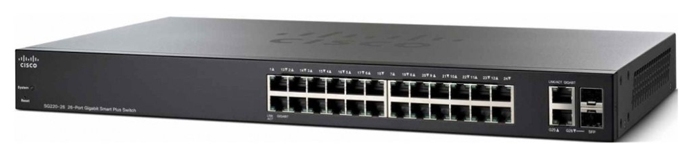 Switch 24 portas Cisco SG220-26-K9 - Gerenciável - 24 portas Gigabit + 2 portas SFP + 1 GbE Combo