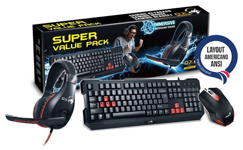 Kit Teclado, Mouse e Headset Gamer Genius - 1000dpi - com Controle de Volume - ANSI - KMH-200