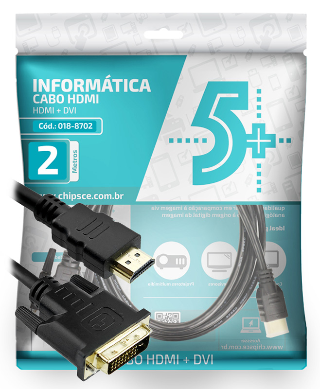 Cabo Conversor DVI-D para HDMI - 2 metros - Dual Link - 24+1 Pinos (DVI-D M X HDMI M)