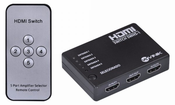Switch HDMI com 5 Entradas - Controle Remoto - Suporte a 3D e Full HD - Vinik SWH5-1