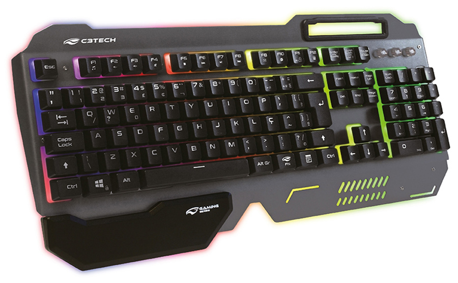 Teclado Gamer C3Tech - Teclas Antighosting - 1ms - Iluminação LED - com Apoio de Pulso e Suporte para Smartphone - KG-200BK