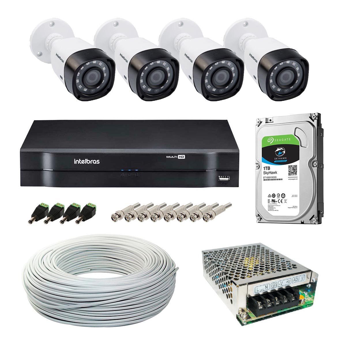 Kit CFTV Intelbras - DVR 8 Canais MHDX 1108, 4 Câmeras Bullet VHD 1120 B G5, HD 1TB, Fonte Chaveada, Cabo Coaxial 100 metros, 4 Plugs P4 Macho + 8 Conectores BNC Macho