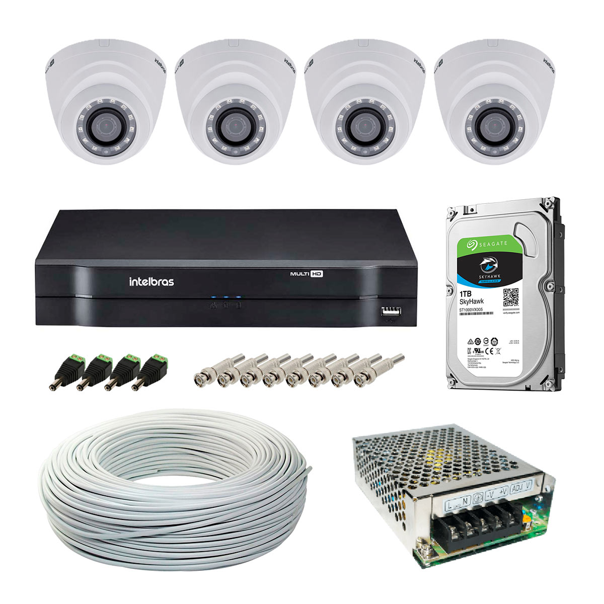 Kit CFTV Intelbras - DVR 8 Canais MHDX 1108, 4 Câmeras Dome VHD 1010 D G4, HD 1TB, Fonte Chaveada, Cabo Coaxial 100 metros, 4 Plugs P4 Macho + 8 Conectores BNC Macho