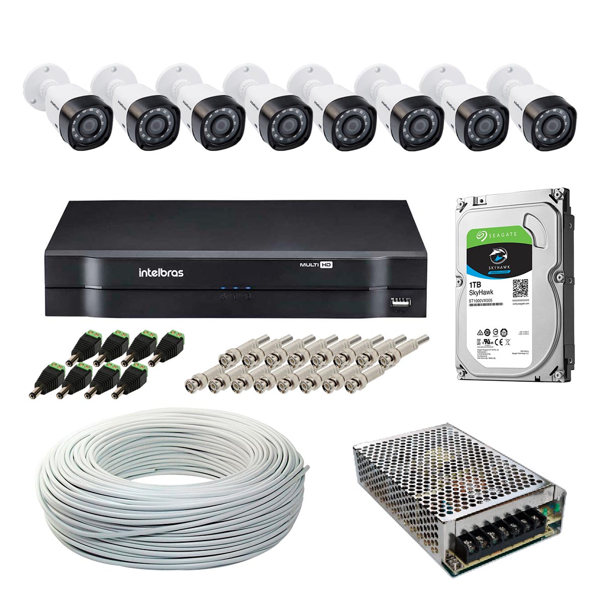 Kit CFTV Intelbras - DVR 16 Canais MHDX 1116, 8 Câmeras Bullet VHD 1120 B G5, HD 1TB, Fonte Chaveada, Cabo Coaxial 100 metros, 8 Plugs P4 Macho + 16 Conectores BNC Macho