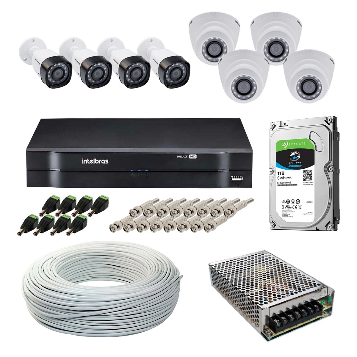 Kit CFTV Intelbras - DVR 16 Canais MHDX 1116, 4 Câmeras Bullet VHD 1120 B G5 + 4 Câmeras Dome VHD 1010 D G4, HD 1TB, Fonte Chaveada, Cabo Coaxial 100 metros, 8 Plugs P4 Macho + 16 Conectores BNC Macho