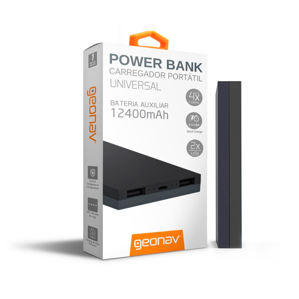 Power Bank Carregador Portátil Geonav PB12400GB - Bateria Externa 12400mAh - USB para Smartphones, Tablets