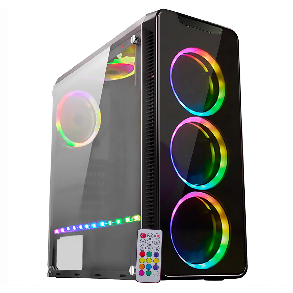 Gabinete Gamer K-Mex Infinity 4 - Painel Frontal de Vidro Temperado - com Coolers e Fita LED RGB Rainbow - Controle Remoto - CG-04G8