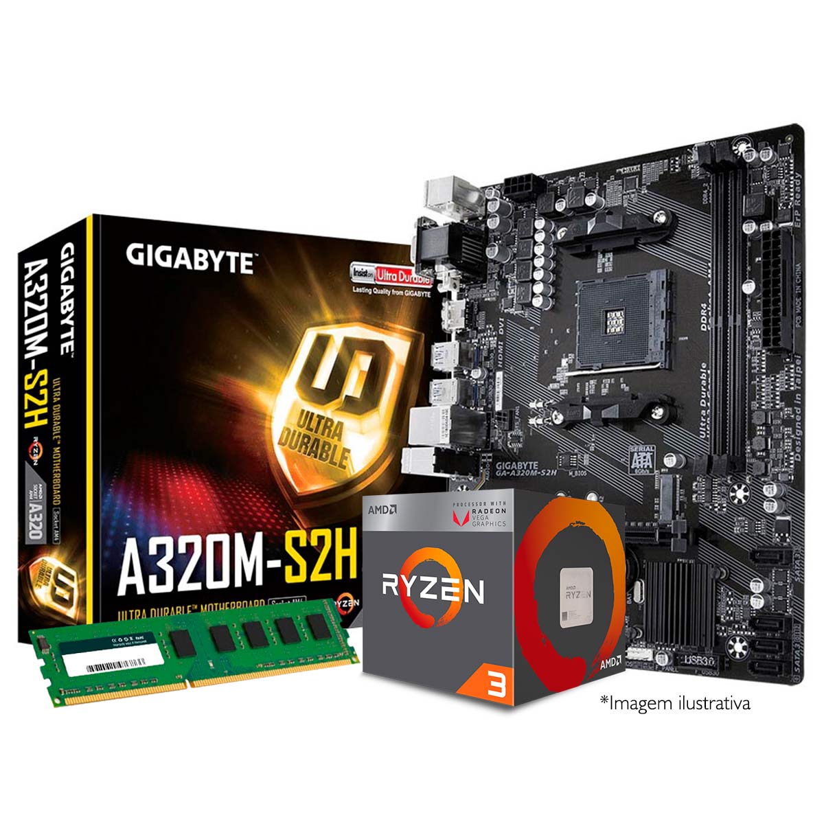 Kit AMD Ryzen™ 3 2200G + Gigabyte GA-A320M-S2H + Memória 8GB DDR4
