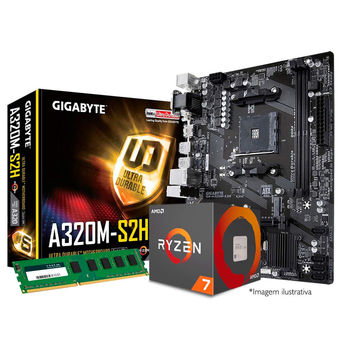 Kit AMD Ryzen™ 7 2700 + Gigabyte GA-A320M-S2H + Memória 16GB DDR4