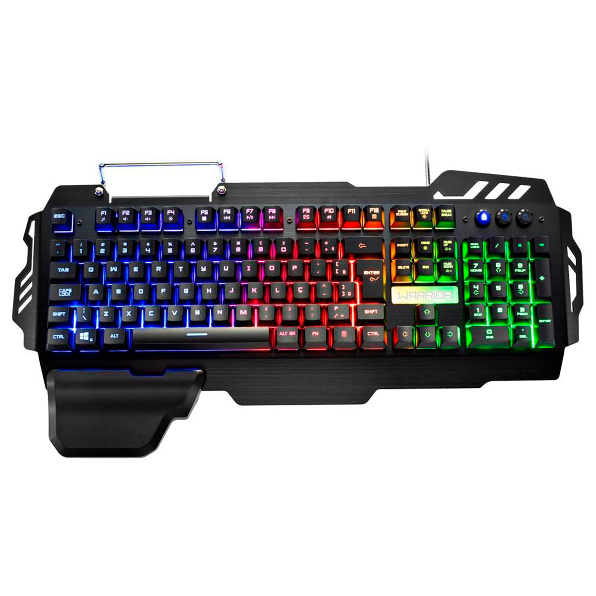 Teclado Gamer Multilaser Warrior Zuberi - Semi Mecânico - Teclas Anti-Ghosting - com Apoio de Pulso e Suporte para Smartphone - Iluminação LED - ABNT - TC210